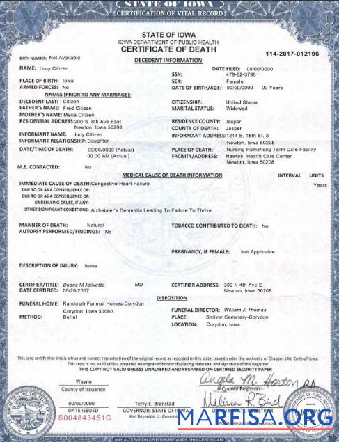 Downloadable USA Iowa state death certificate template in PSD format